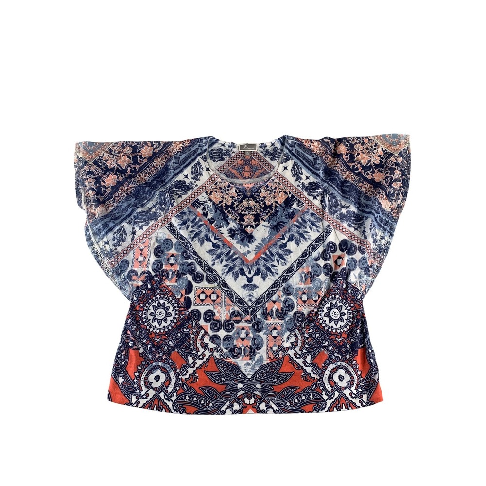 JM Collection Shirt Womens XL Blue Red Paisley Boho Top Short Sleeve Lightweight